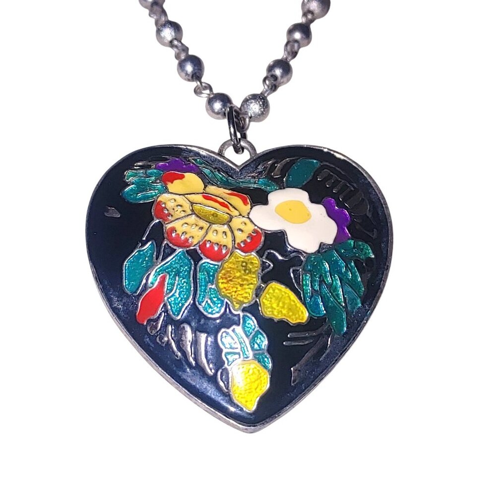 Floral Cloisonné Heart Shaped Pendant Necklace Vintage Silver Tone Adjustable